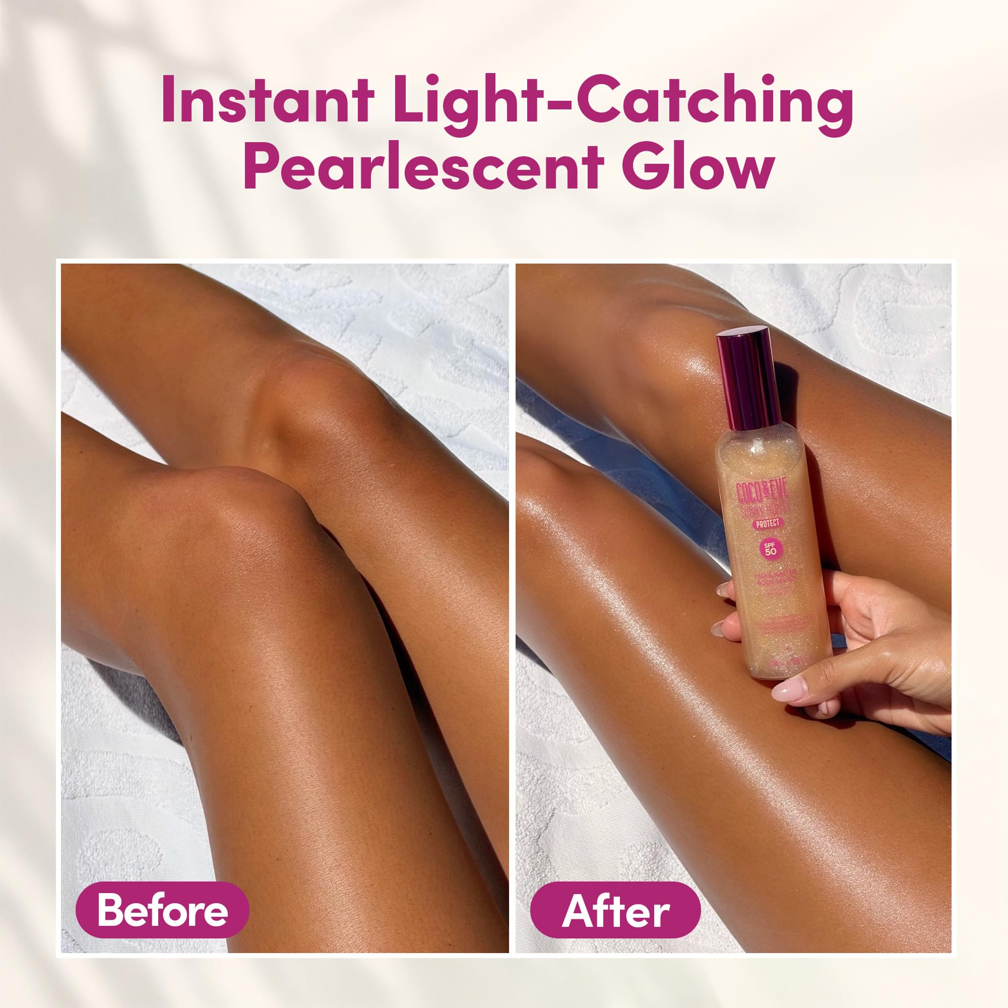 Coco & Eve shimmer applied on arm demonstrating instant bronzy radiance