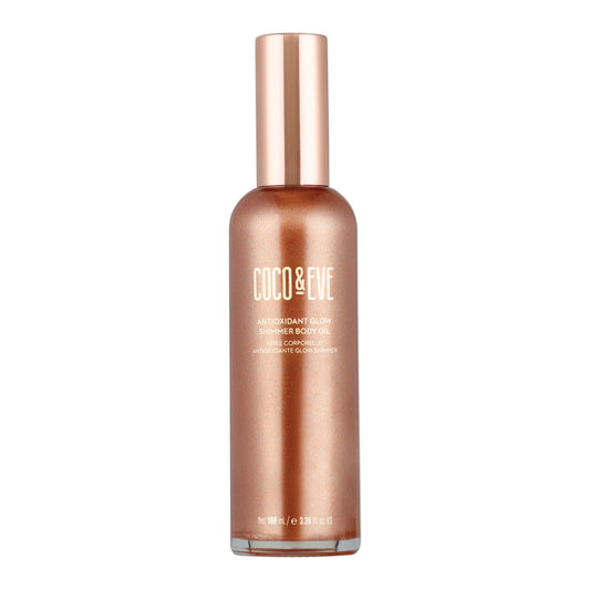 Coco & Eve bottle front view showing sleek packaging and shimmer benefits