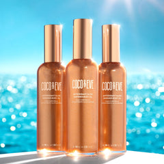 Coco & Eve shimmering skin on model at night showing event-ready radiance