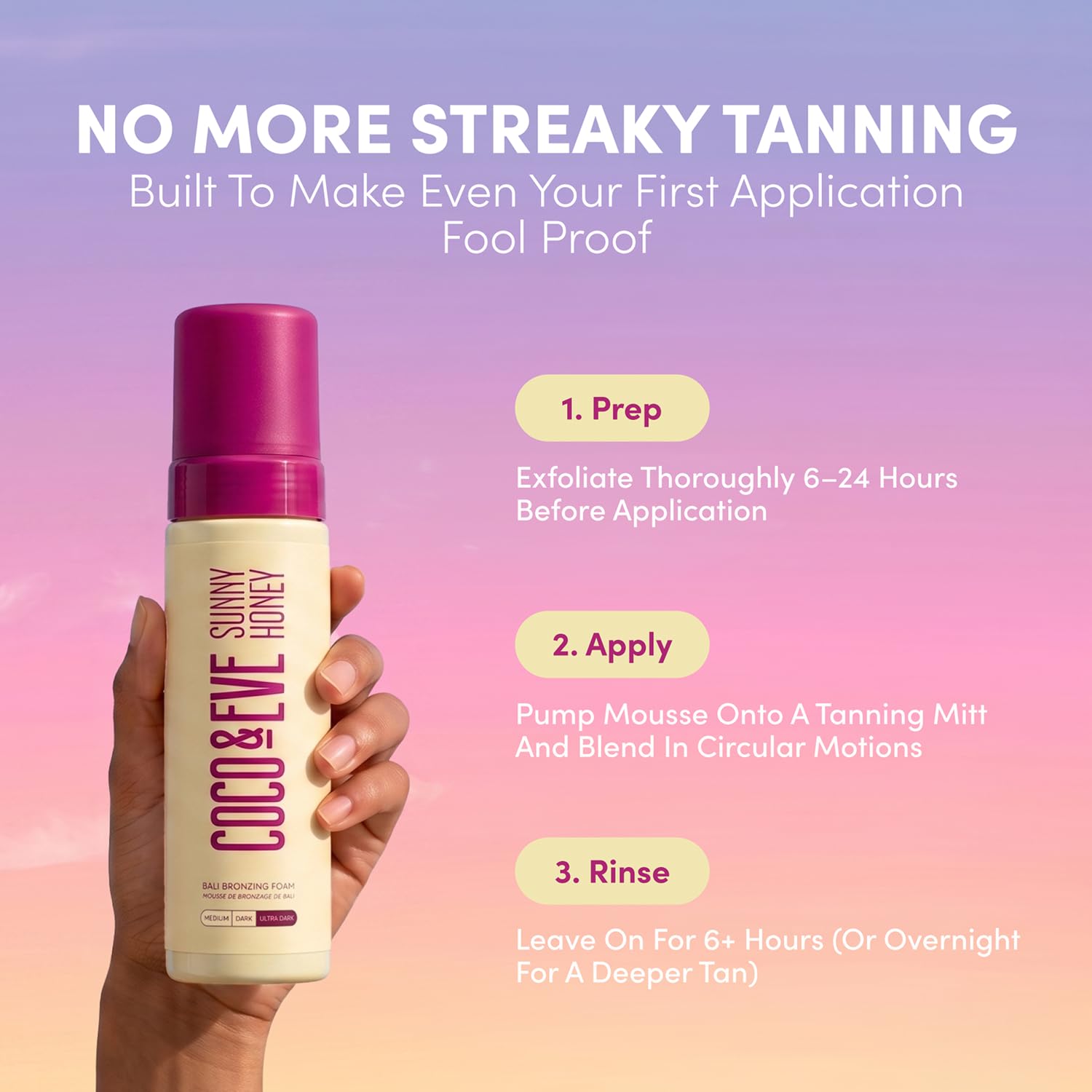 Coco & Eve bottle in hand showing 6.7 fl oz size and travel-friendly benefit