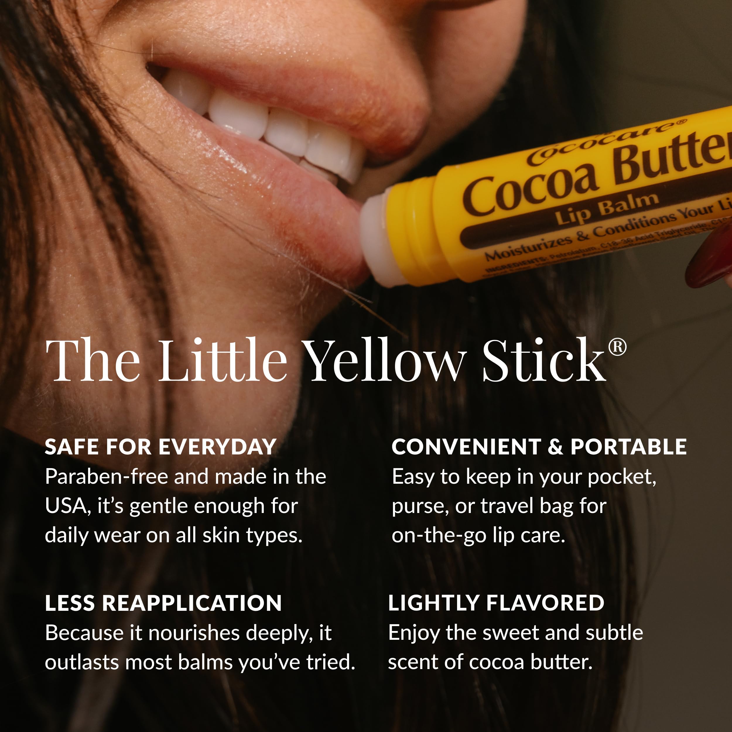 COCOCARE application on lips demonstrating smooth, non-greasy finish