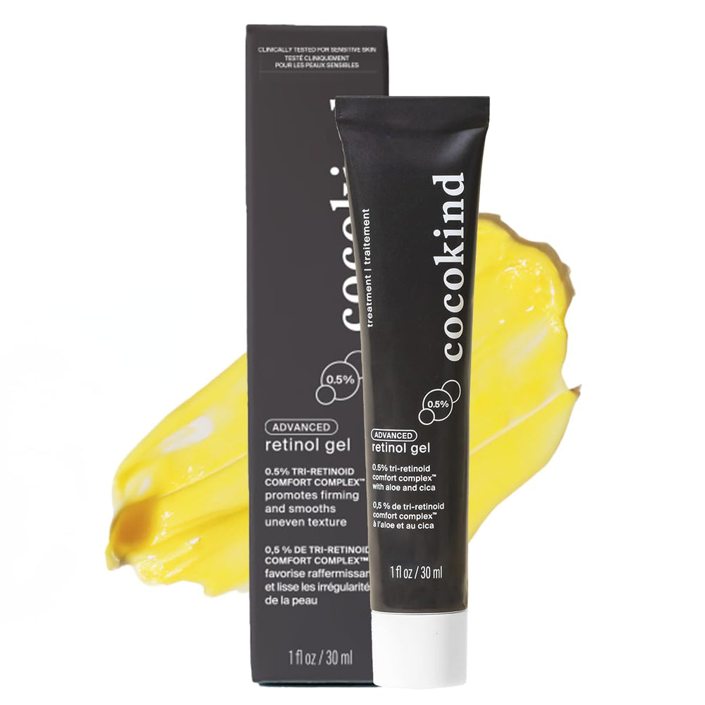 Cocokind advanced retinol gel front packaging showing bottle and label, conveys clear ingredient focus
