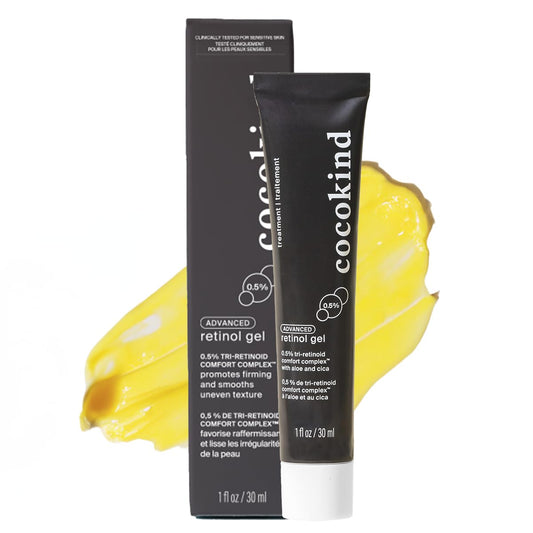 Cocokind advanced retinol gel front packaging showing bottle and label, conveys clear ingredient focus