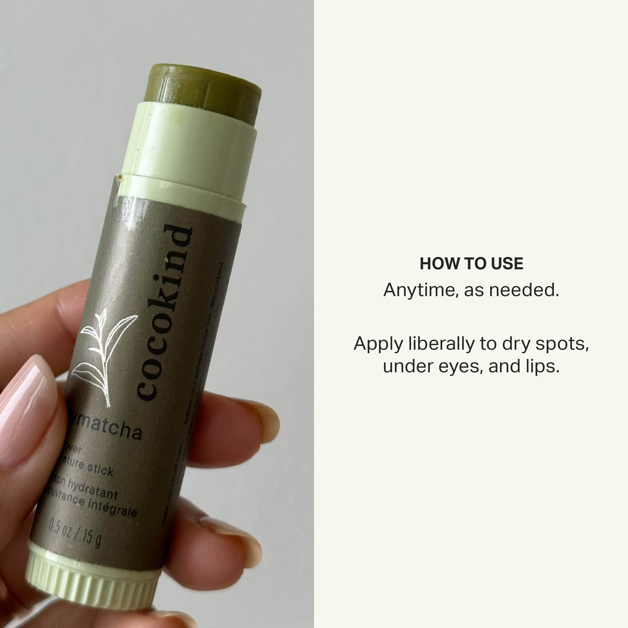 Cocokind Mymatcha application on lips demonstrating instant hydration benefit
