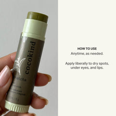Cocokind Mymatcha application on lips demonstrating instant hydration benefit