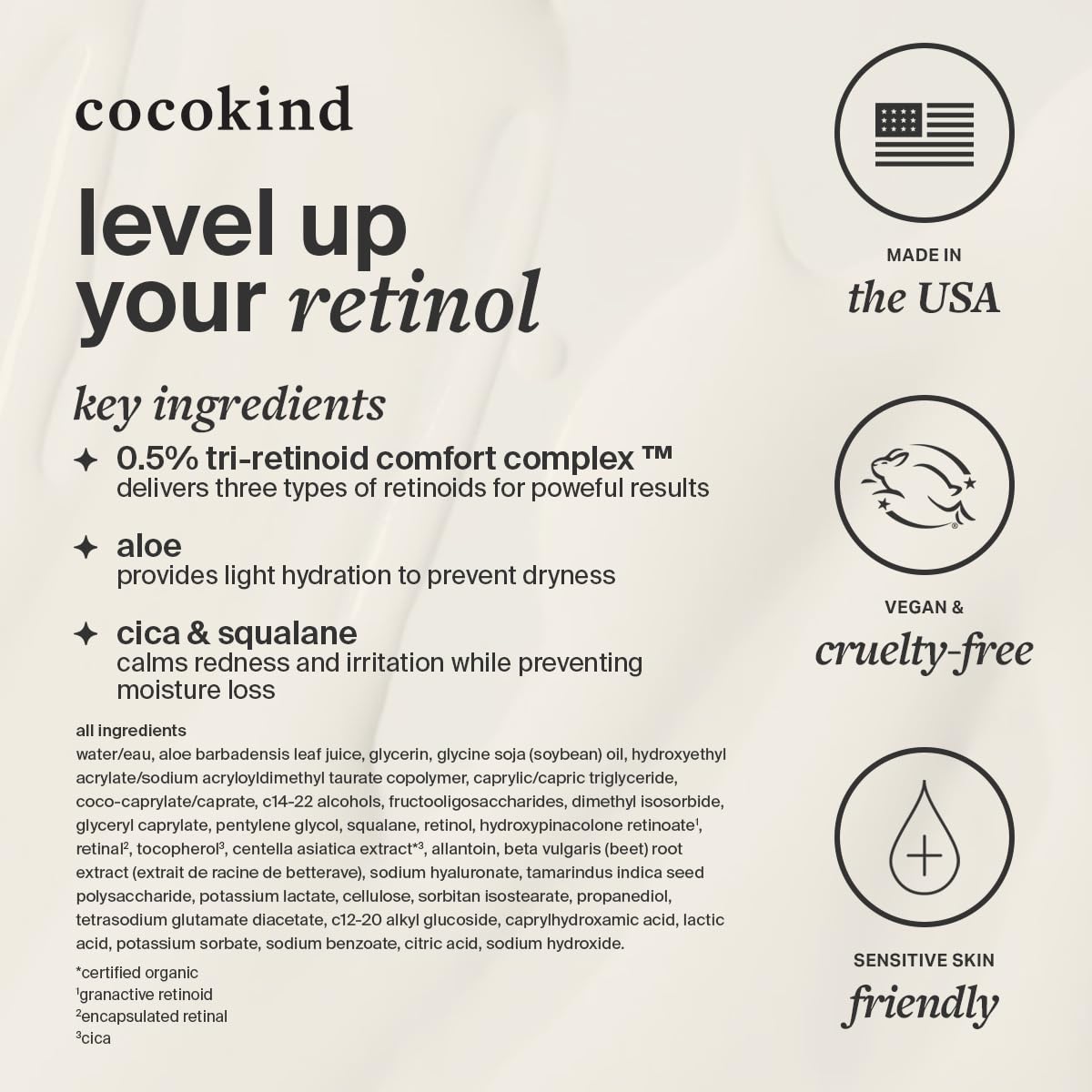 Cocokind retinol gel next to common objects for scale, shows compact 1 fl oz size convenience