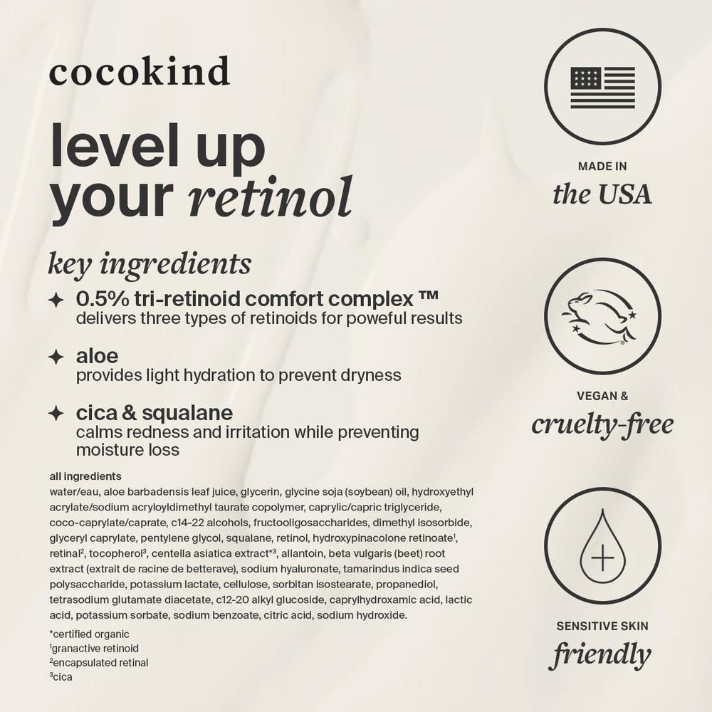 Cocokind retinol gel next to common objects for scale, shows compact 1 fl oz size convenience