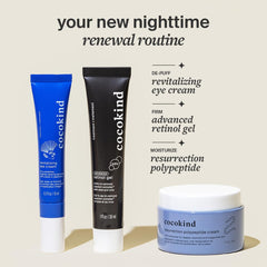 Cocokind retinol gel texture close up on fingertip, highlights lightweight, non-greasy finish