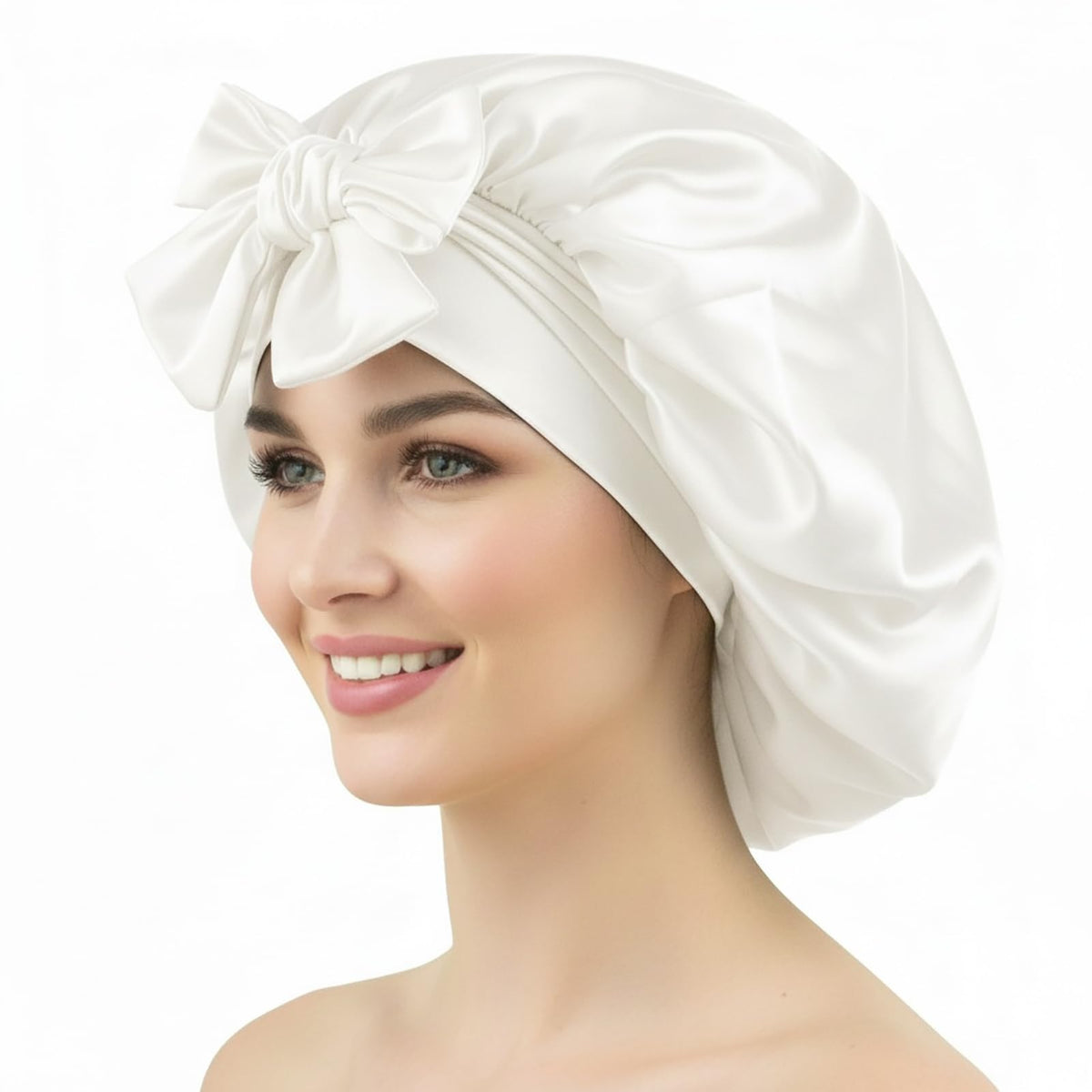 COCOSILK front view of white satin bonnet showing neat finish and protective benefit