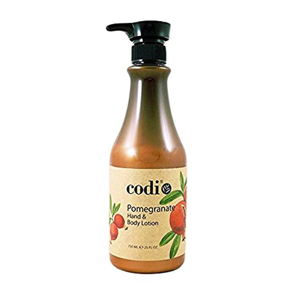 Codi N Codi front pump bottle showing pomegranate lotion and easy dispensing benefit