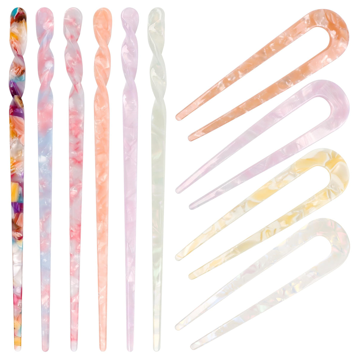 Coldairsoap front arrangement showing ten acetate hair sticks for versatile styling
