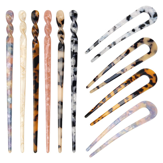 Coldairsoap front view of 10-piece acetate hair sticks set showing styles and colors for easy selection