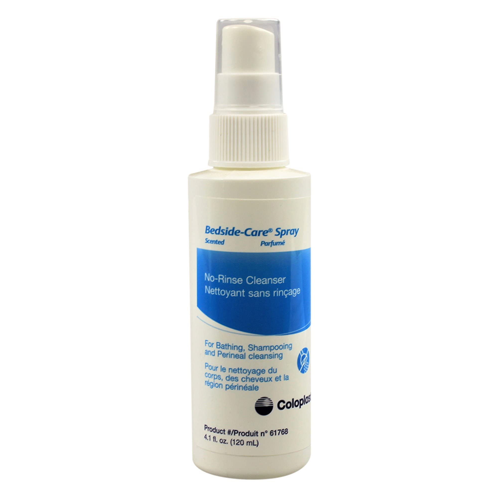 Coloplast bedside care front packaging showing 4 oz bottle and easy bedside use benefit