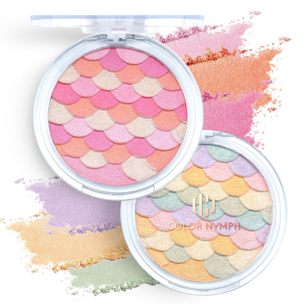 Color Nymph front view of mermaid blush and highlighter compact showing shades and case benefits