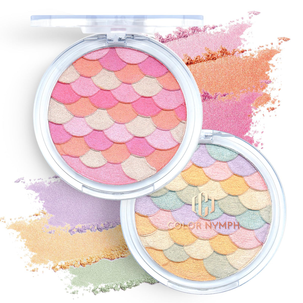 Color Nymph front view of mermaid blush and highlighter compact showing shades and case benefits