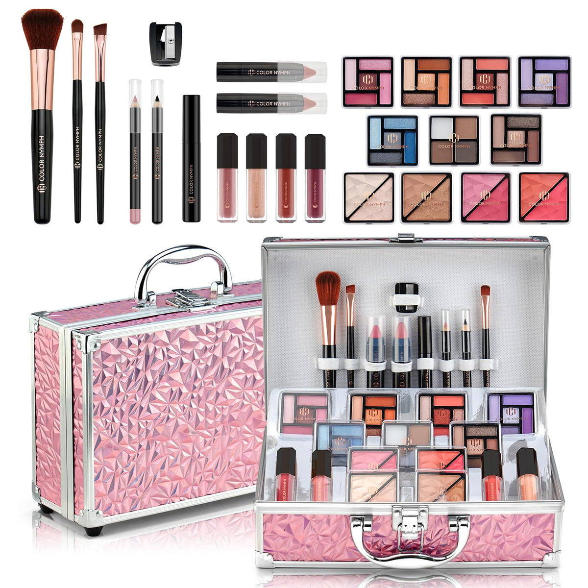 Color Nymph pink train case front view showing organized compartments and portability