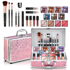 Color Nymph pink train case front view showing organized compartments and portability