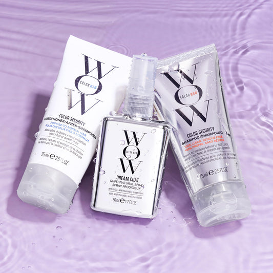 COLOR WOW Color Security Shampoo pouring from travel bottle for gentle cleansing