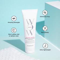 COLOR WOW conditioner texture spread on fingers showing lightweight slip and hydration