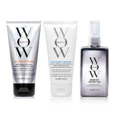 COLOR WOW kit front view showing travel bottles and portable curl care benefits