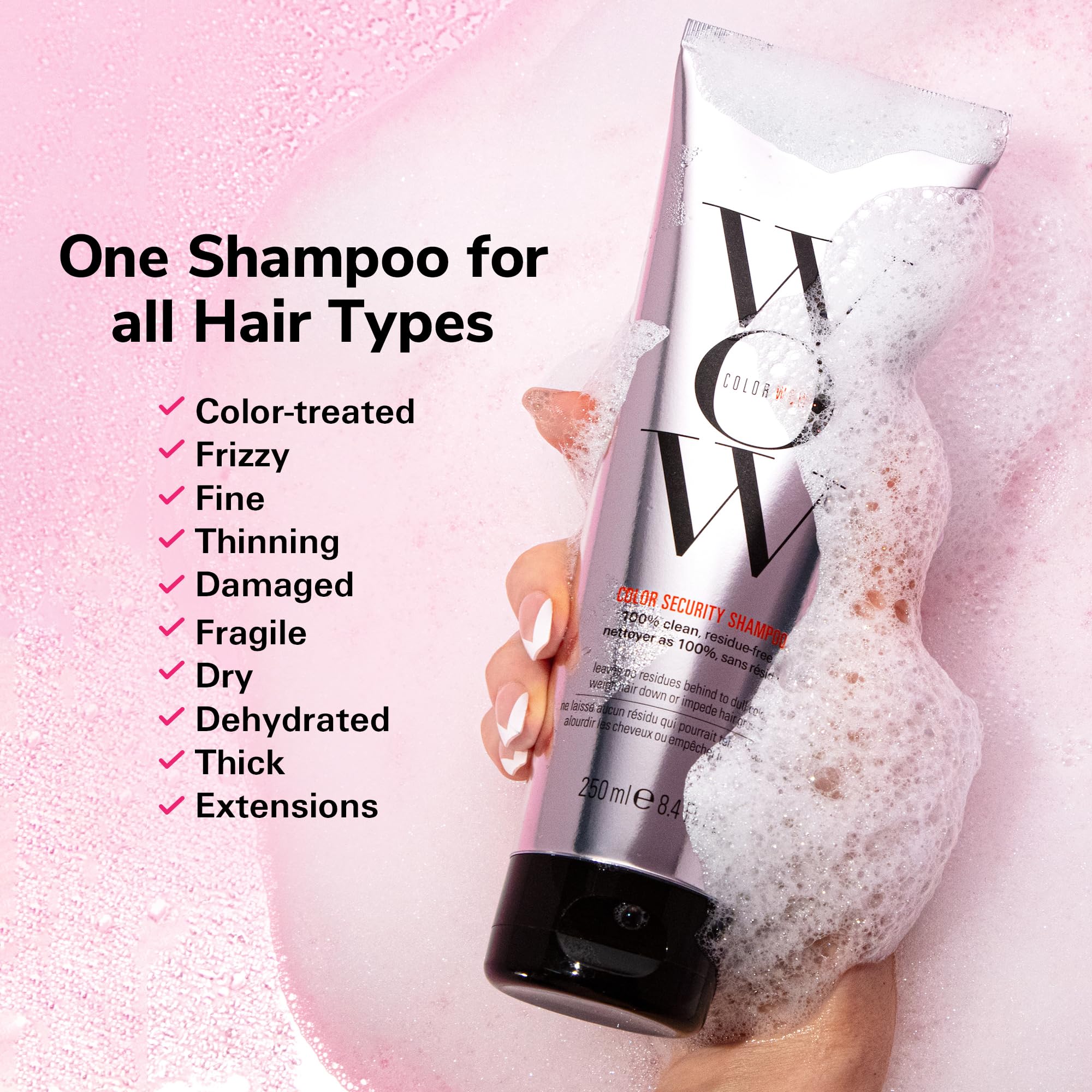 COLOR WOW shampoo foam close-up demonstrating rich lather that cleans without sulfates