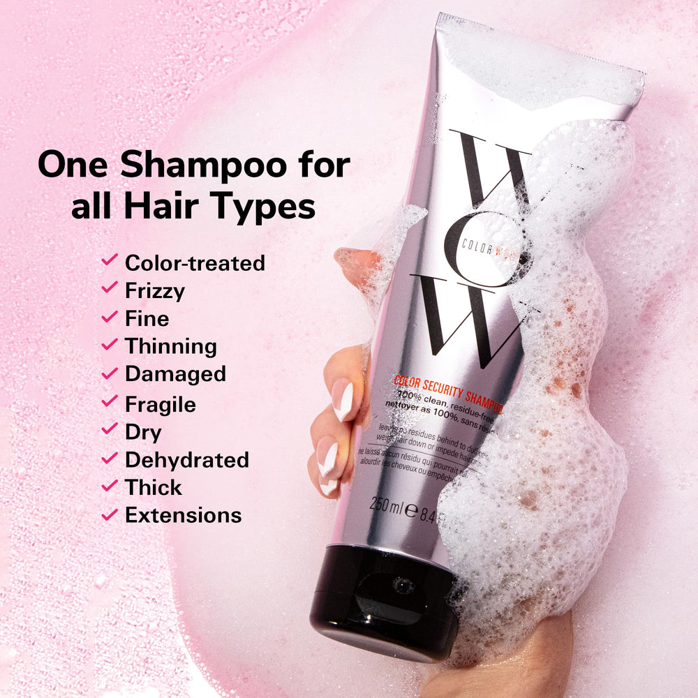 COLOR WOW shampoo dispensed and foamy, showing gentle cleansing