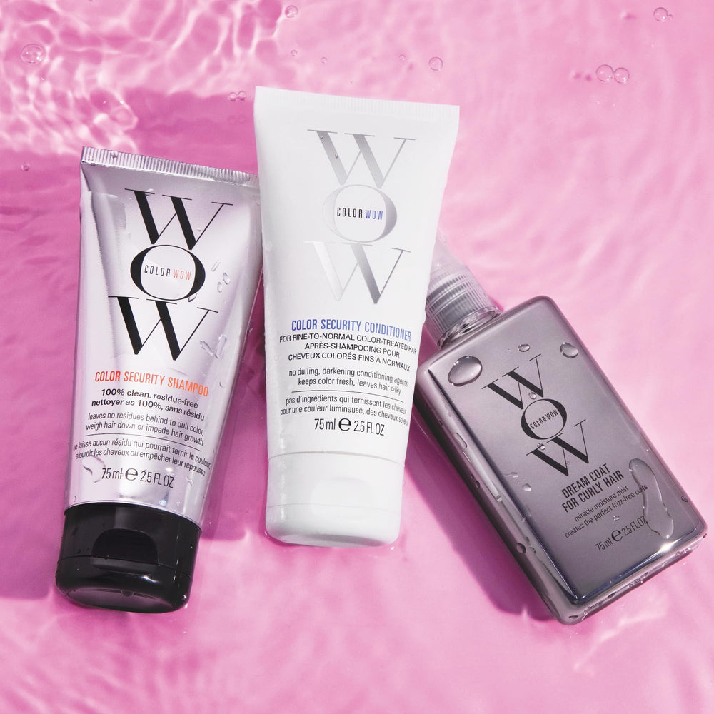 COLOR WOW travel set styled in a toiletry bag for easy, on-the-go curl maintenance