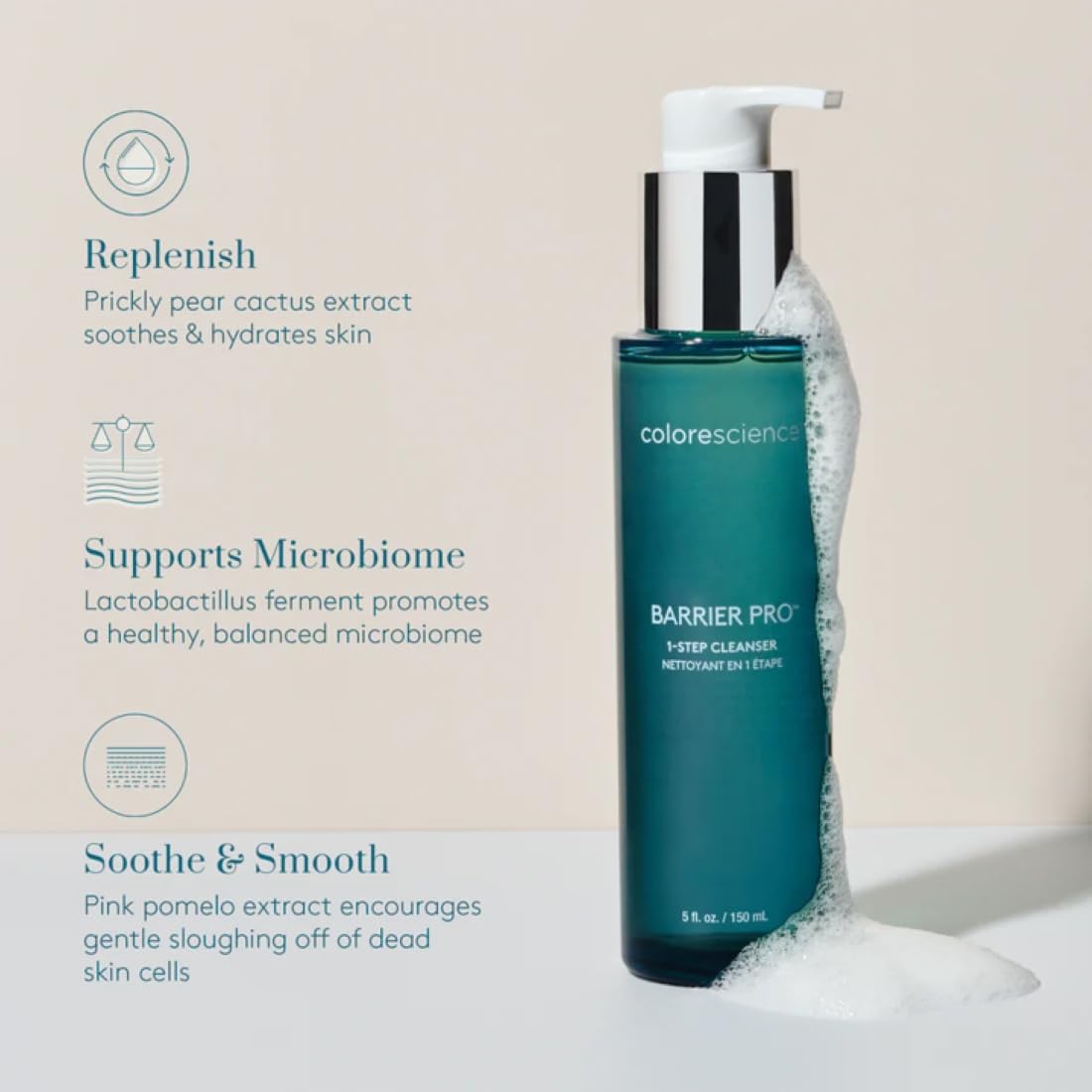 Colorescience cleanser bottle in hand demonstrating 5 oz size and scale