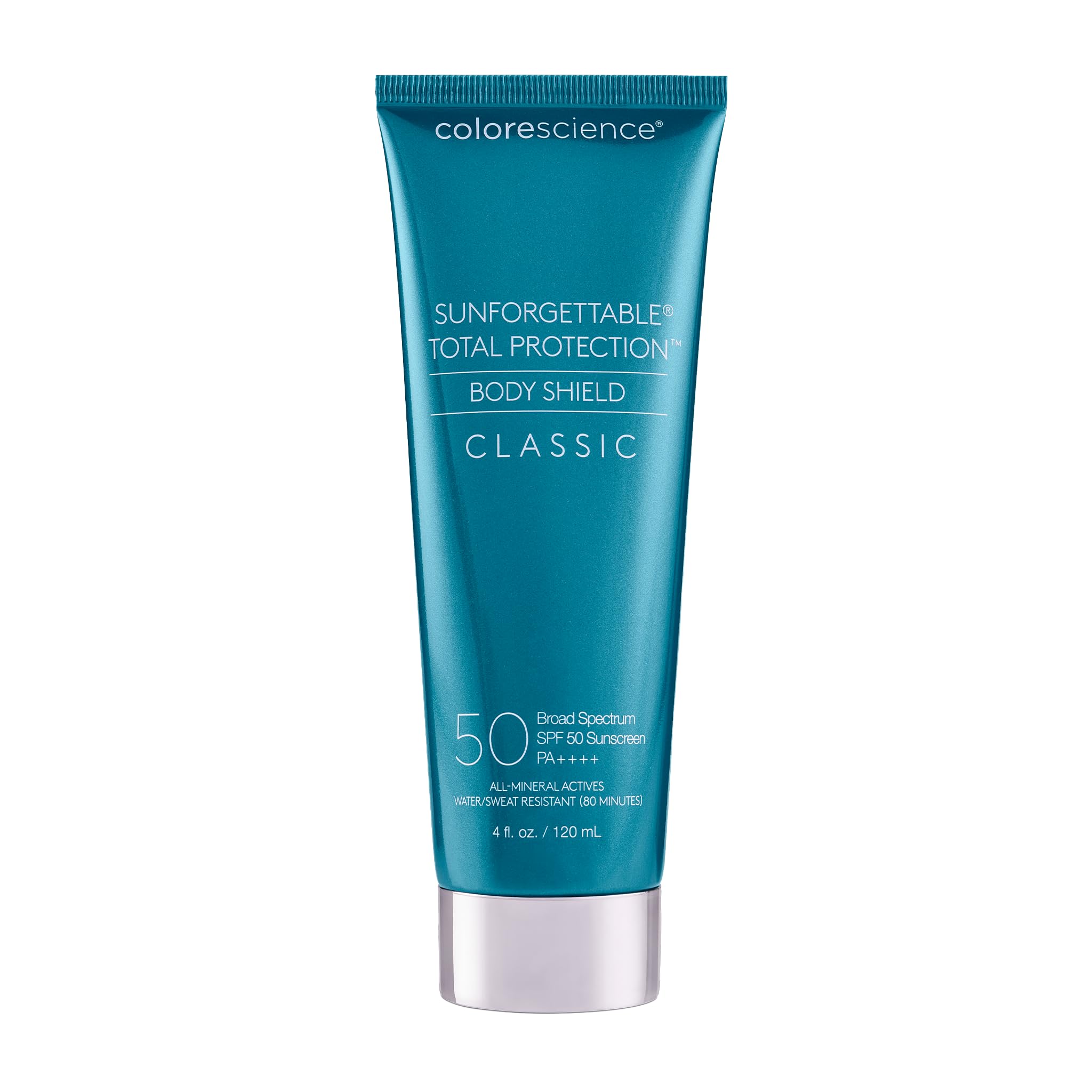 Colorescience body shield front packaging showing SPF 50 protection benefits