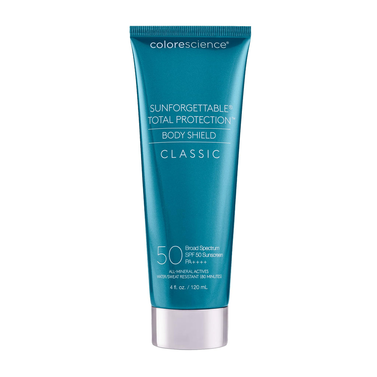 Colorescience body shield front packaging showing SPF 50 protection benefits