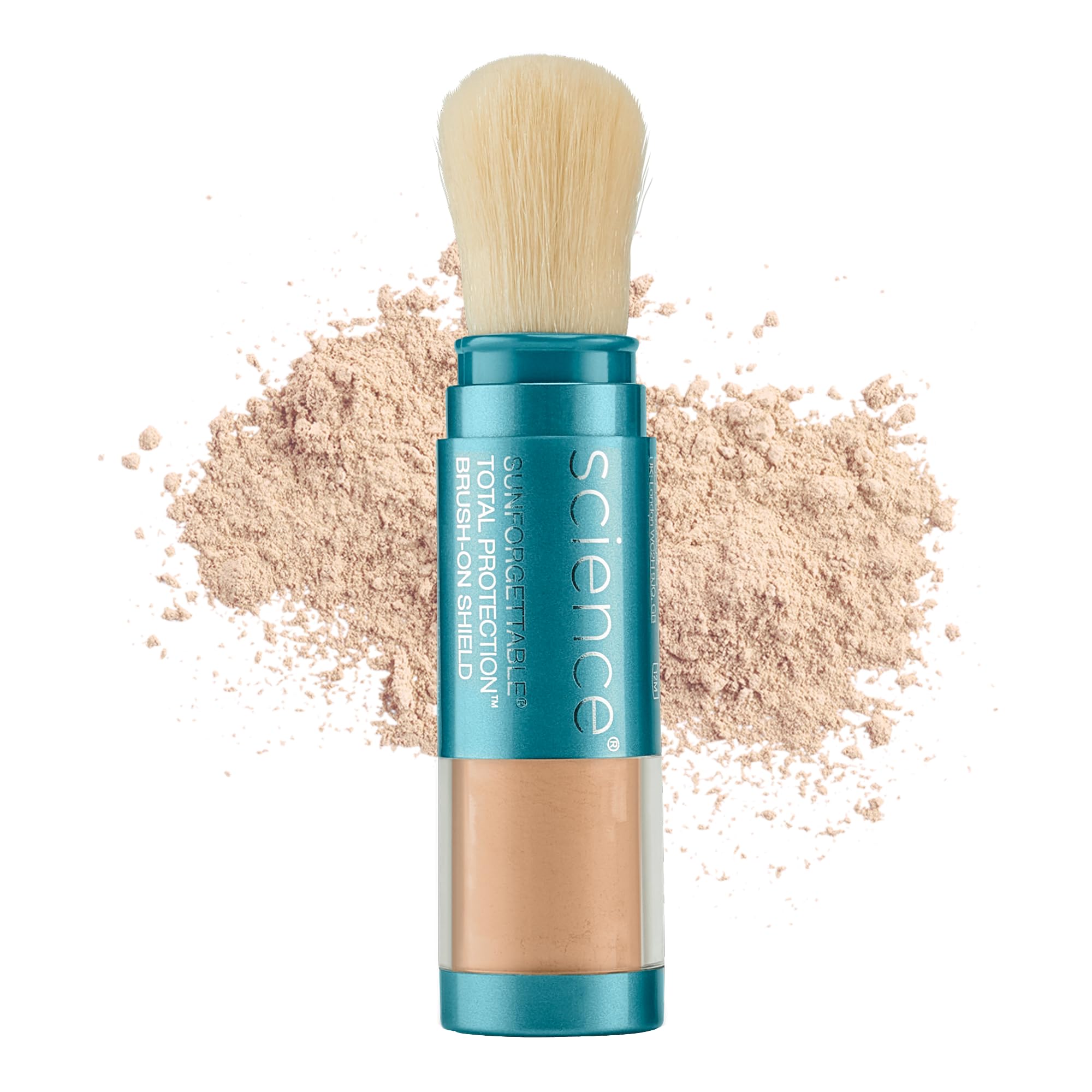 Colorescience brush front view showing compact travel-friendly sunscreen