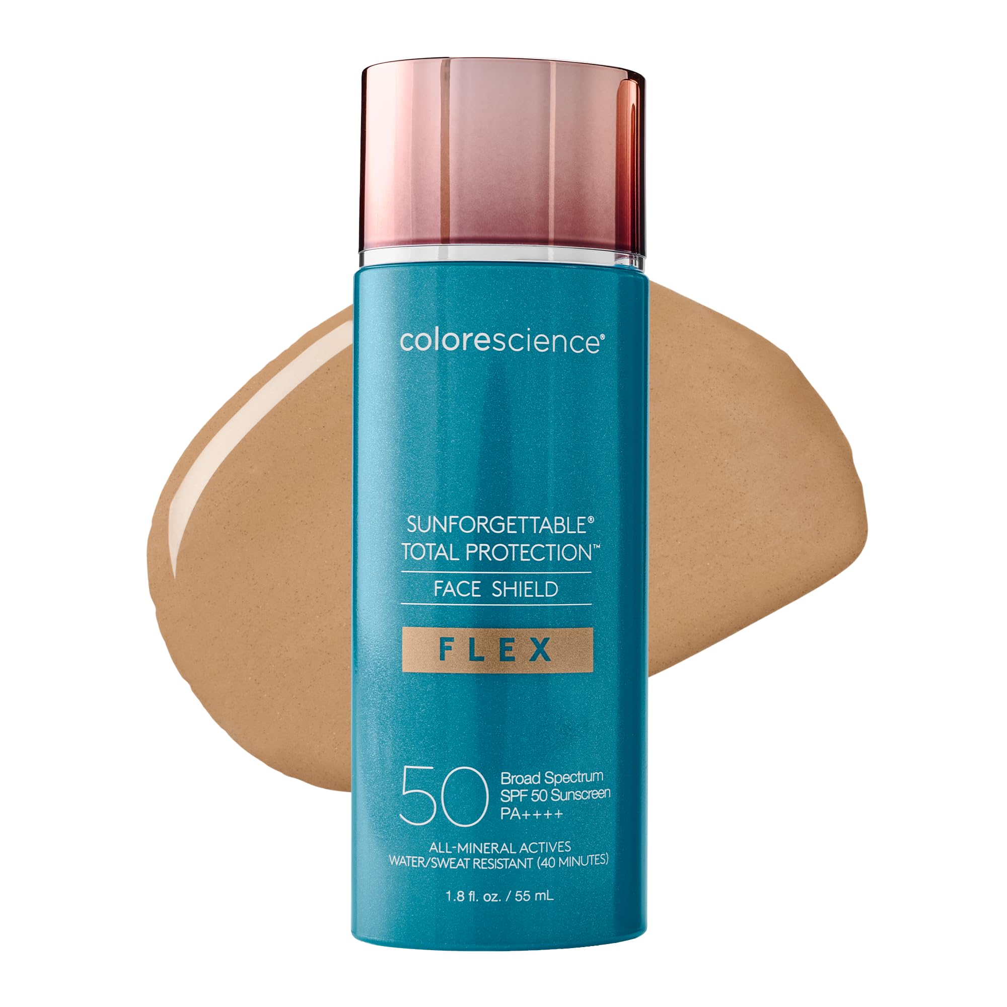 Colorescience front tube view showing tan shade and compact travel size benefit
