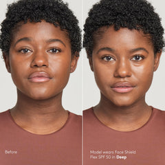Colorescience model wearing deep shade demonstrating natural finish benefit