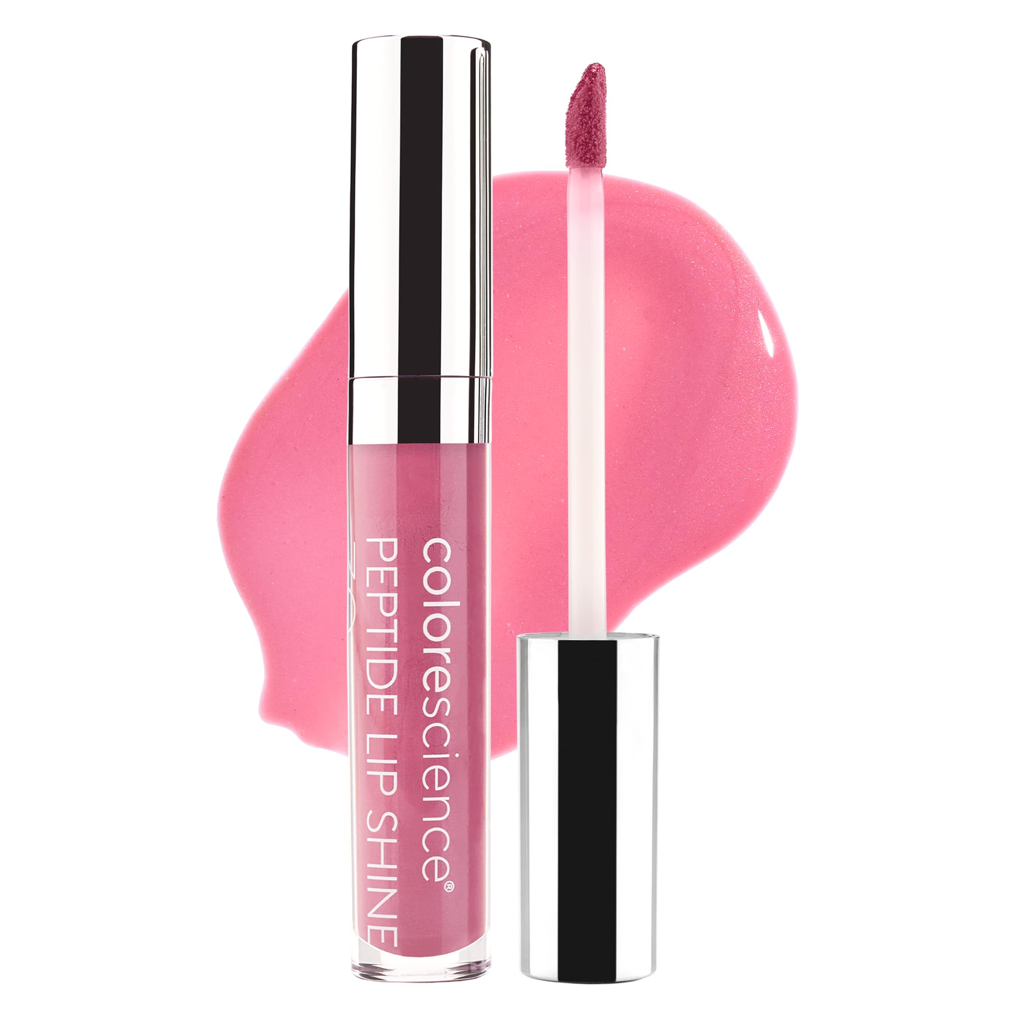 Colorescience front tube showing Pink shade and glossy finish benefit