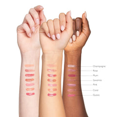 Colorescience Peptide Lip Shine Savanna swatch on hand revealing warm nude tint and shine