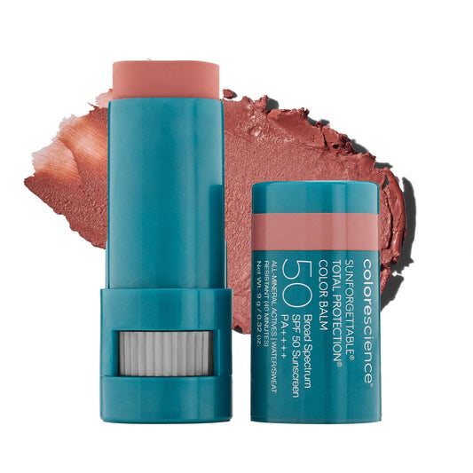 Colorescience balm packaging front showing SAVANNA and SPF 50 protection benefits