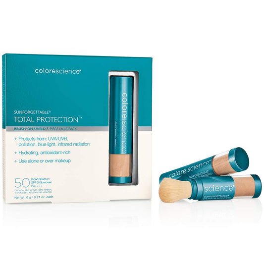 Colorescience brush-on medium front packaging showing compact travel-ready SPF 50