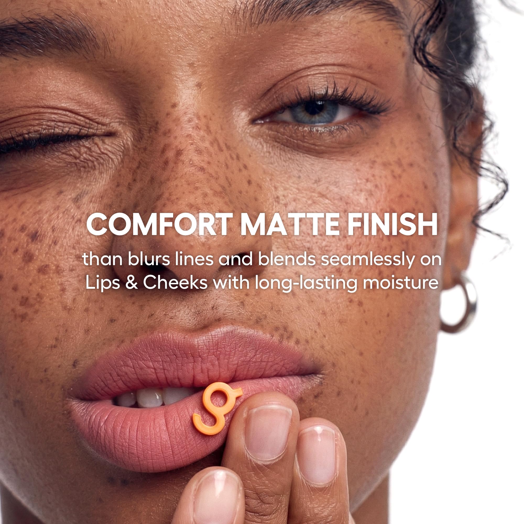 COLORGRAM lip swatch on model showing Lucky Berry natural, blurred look benefit
