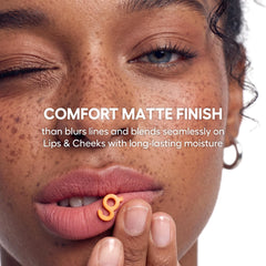 COLORGRAM lip swatch on model showing Lucky Berry natural, blurred look benefit