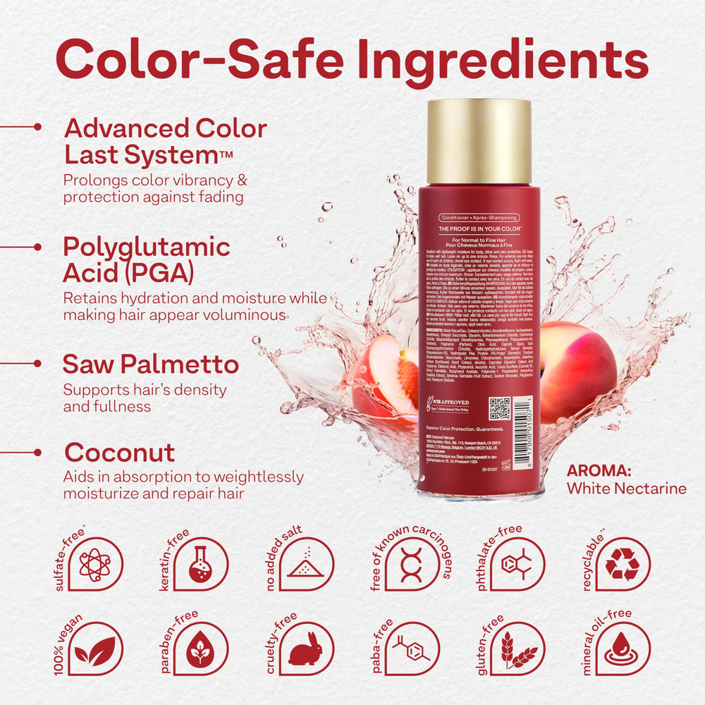 ColorProof label close-up and pump detail, highlights clean ingredients and easy use