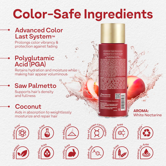 ColorProof label close-up and pump detail, highlights clean ingredients and easy use