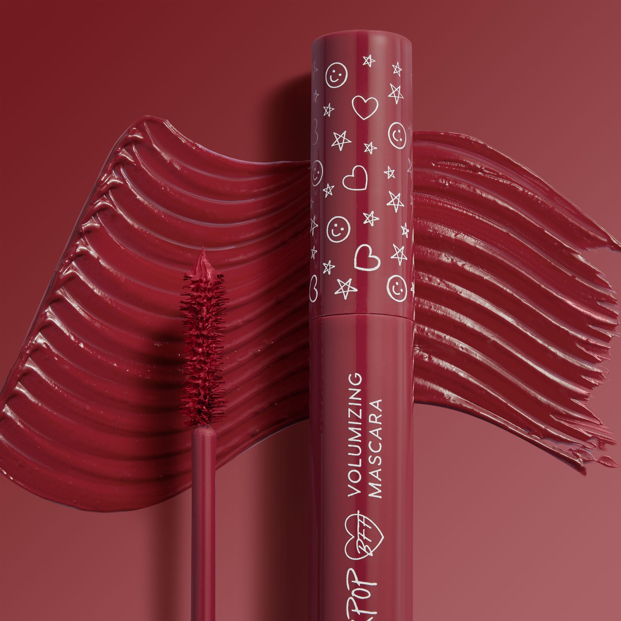 ColourPop BFF Mascara swatch on skin showing burgundy pigment and buildable finish
