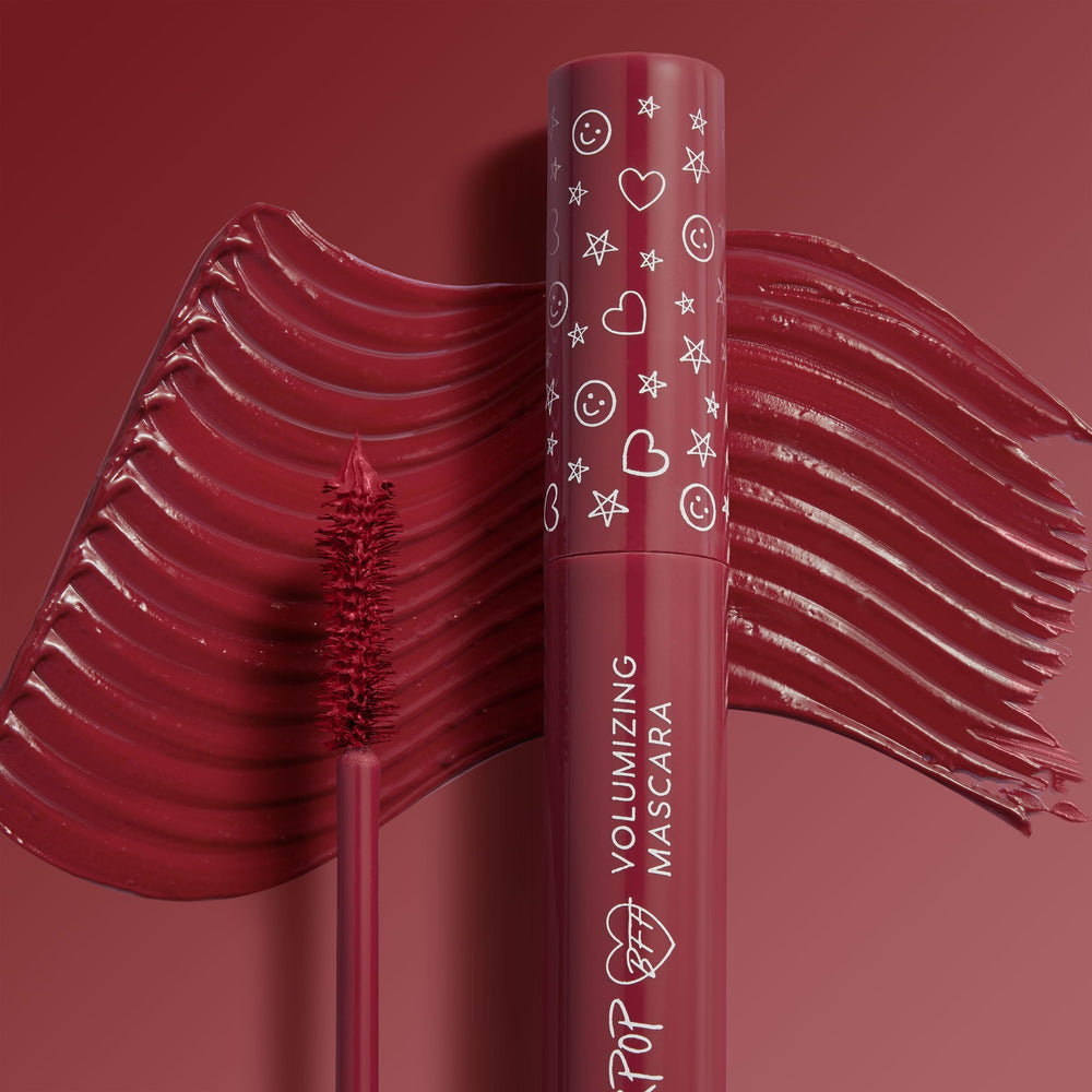 ColourPop BFF Mascara swatch on skin showing burgundy pigment and buildable finish