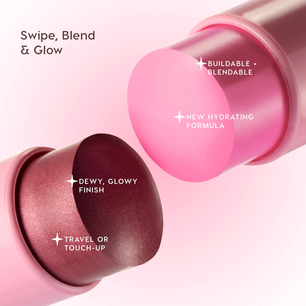 ColourPop Blush Stix next to a hand showing product scale and portability benefit
