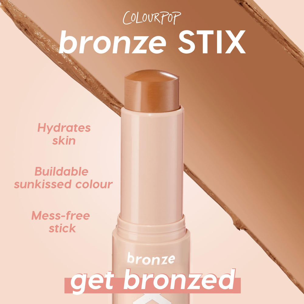 ColourPop bronzer stick next to travel pouch illustrating compact size and portability benefit
