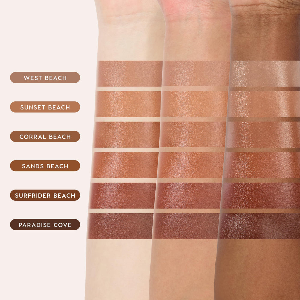 ColourPop arm swatch of West Beach bronzer showing buildable layers and natural color payoff