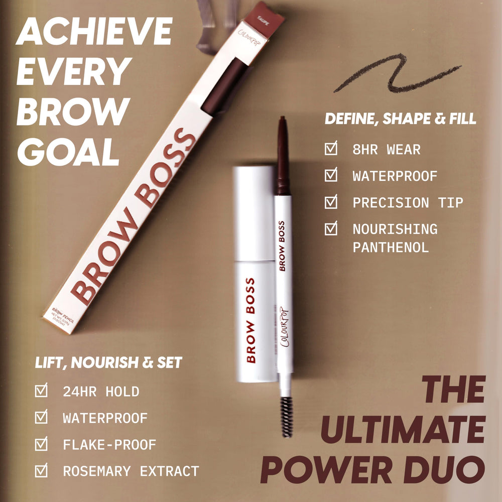 ColourPop Brow Boss label closeup showing product name and 24HR waterproof benefit