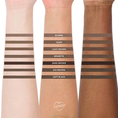 ColourPop Brow Boss soft black swatch on skin showing deep pigment and buildable coverage
