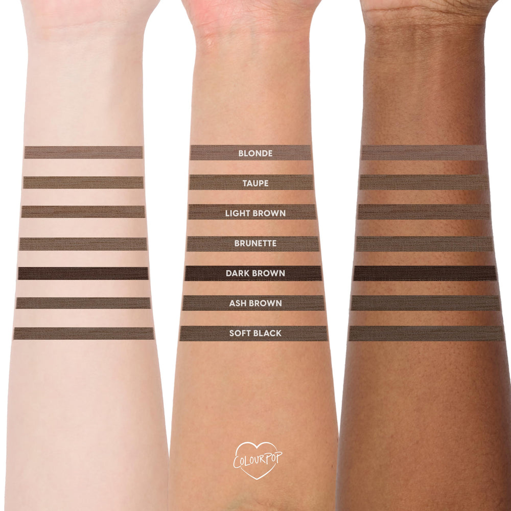ColourPop Brow Boss texture swatch on skin shows buildable light brown color