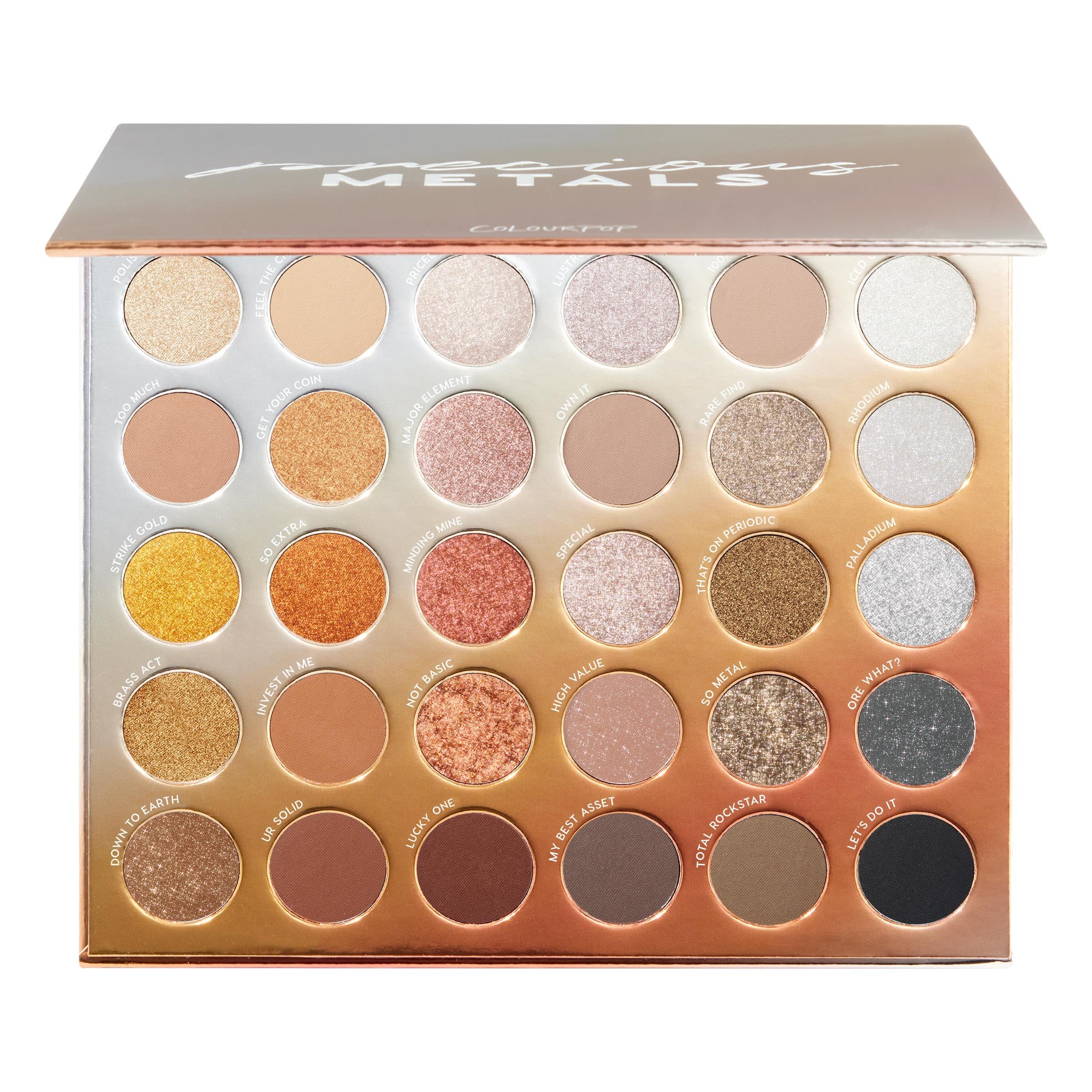 ColourPop Precious Metals palette front open showing all twelve shades and finishes for versatile looks